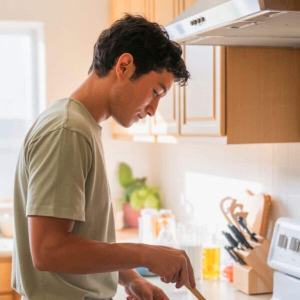 Beginner cook standing at the stove, watching food in a pan with focused attention