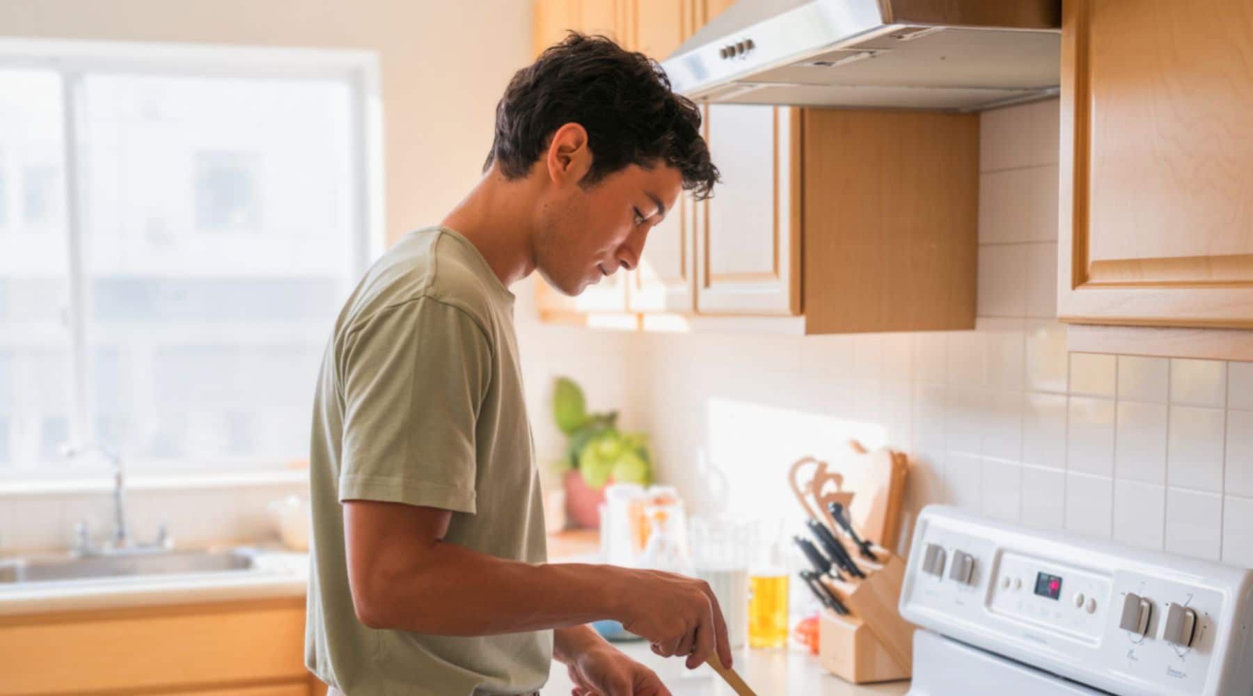 Beginner cook standing at the stove, watching food in a pan with focused attention