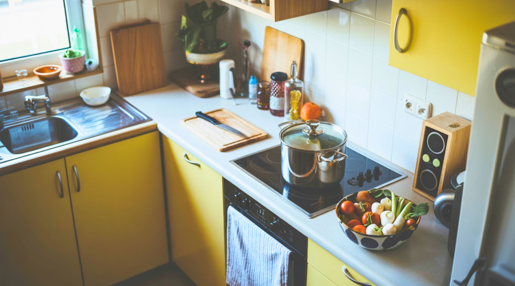 Simply furnished kitchen while cooking