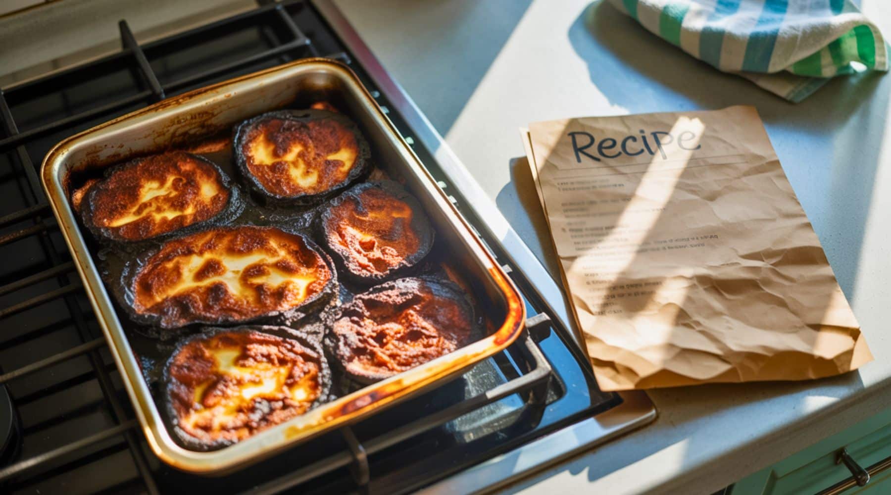 Burnt food left on a baking tray after a failed beginner recipe