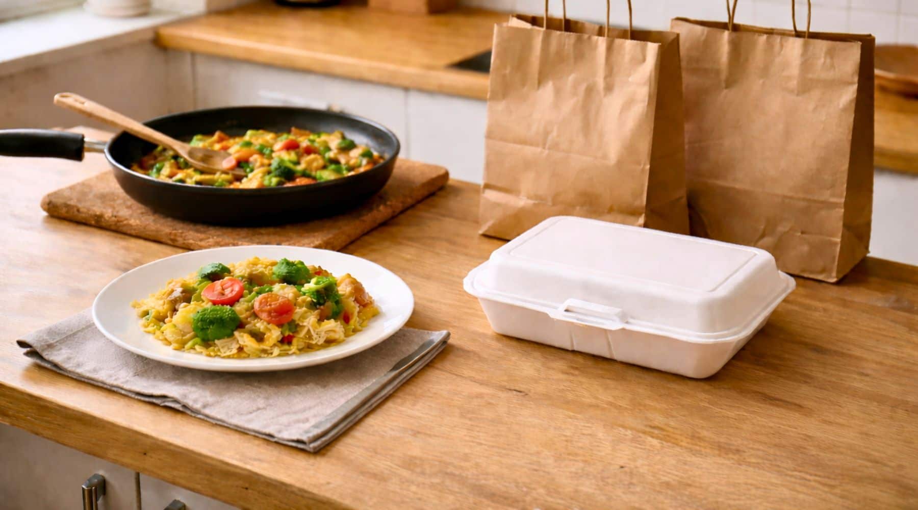 Home-cooked food in a pan next to a takeout container on a kitchen counter