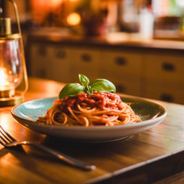 Plate of spaghetti with tomato sauce on a kitchen table