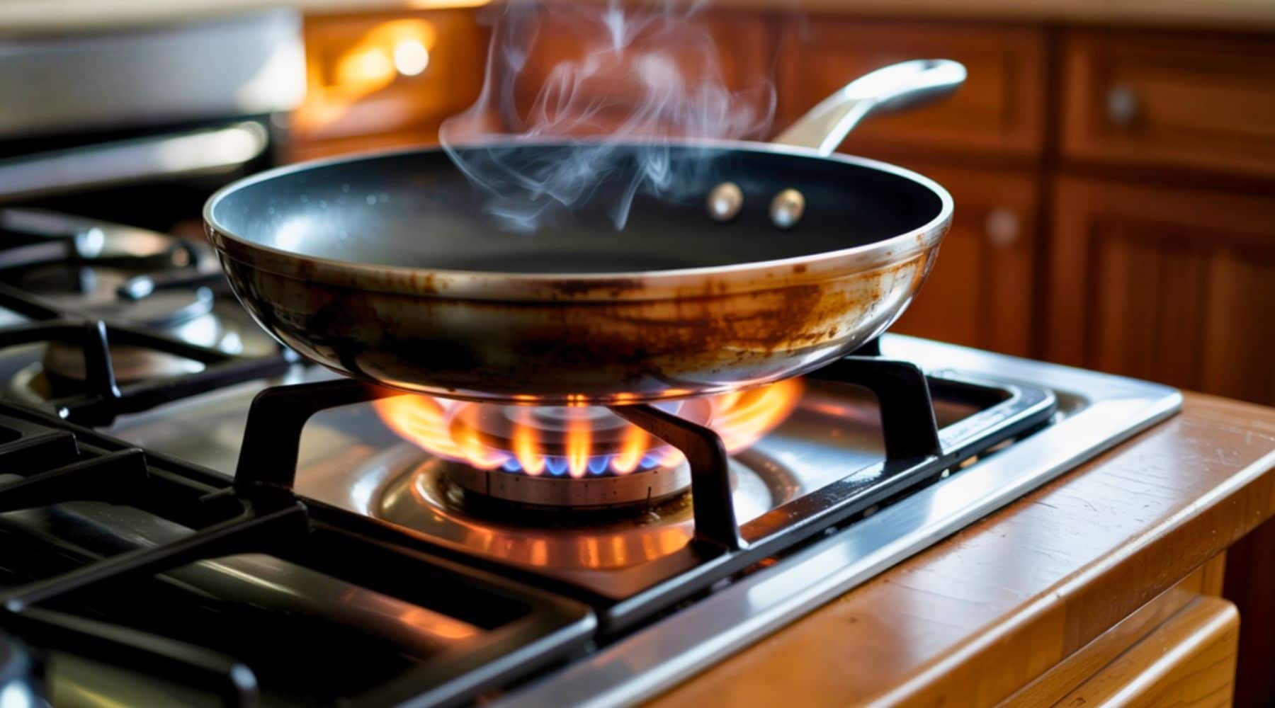 Pan heating on a stovetop with oil starting to shimmer