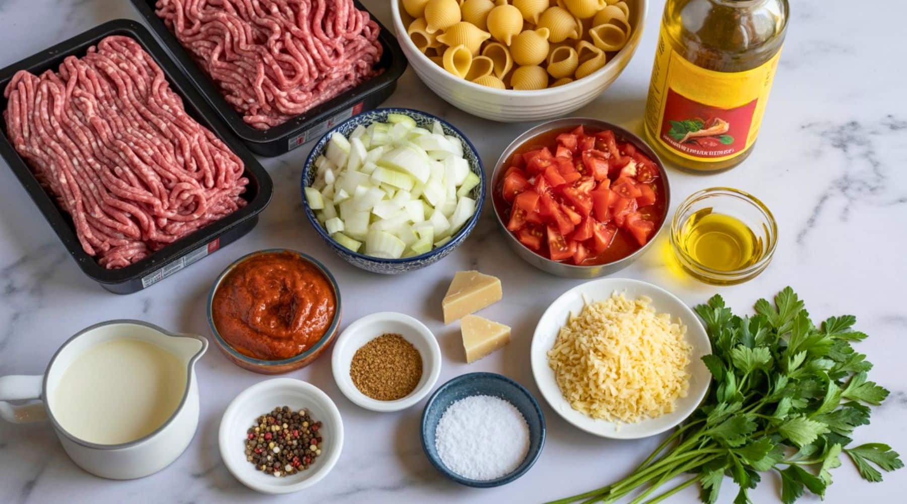 Basic cooking ingredients laid out on a counter before cooking begins
