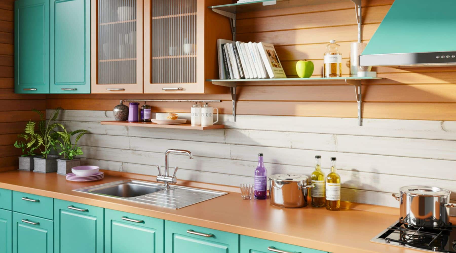 A modern home kitchen with a stove, counter space, and everyday cooking tools