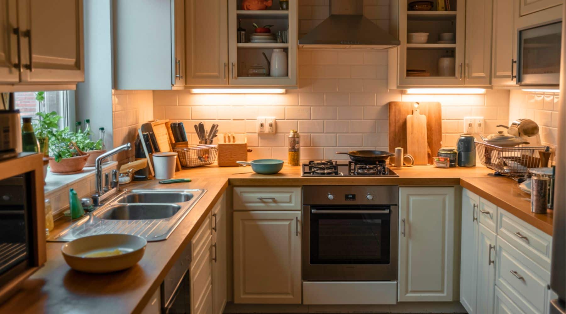 A real home kitchen after cooking, with used countertops, pans, and everyday tools left out