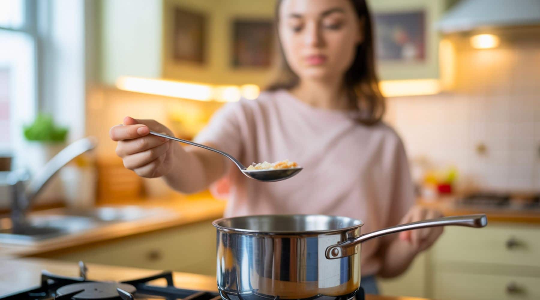Person tasting food from a spoon while cooking at the stove