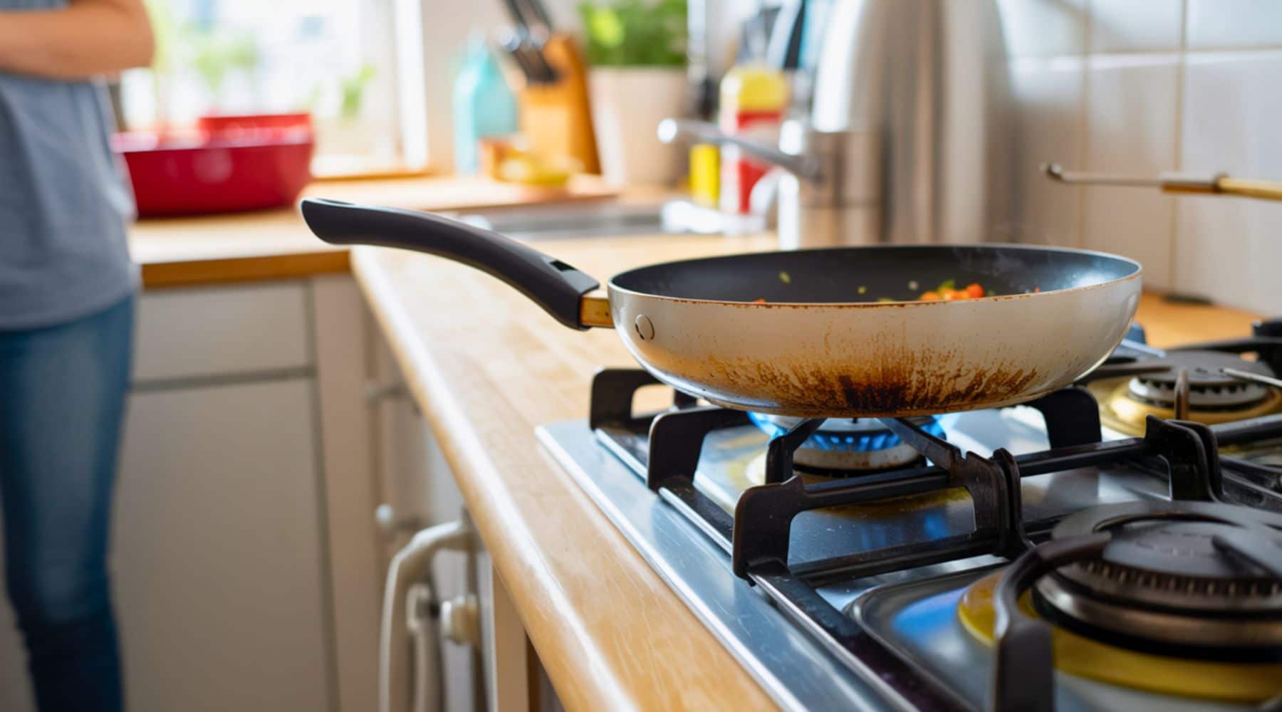 A well-used frying pan heating on a gas stove in a home kitchen
