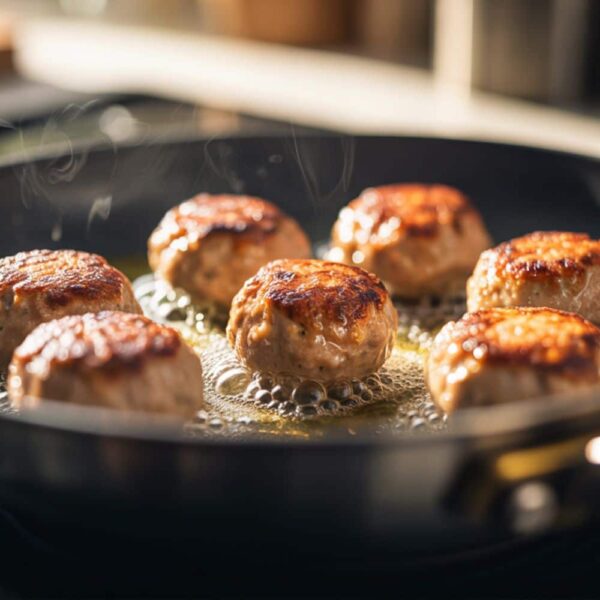Meat browning in a pan with visible sizzling and oil