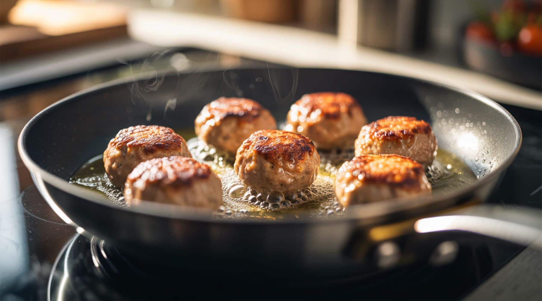 Meat browning in a pan with visible sizzling and oil