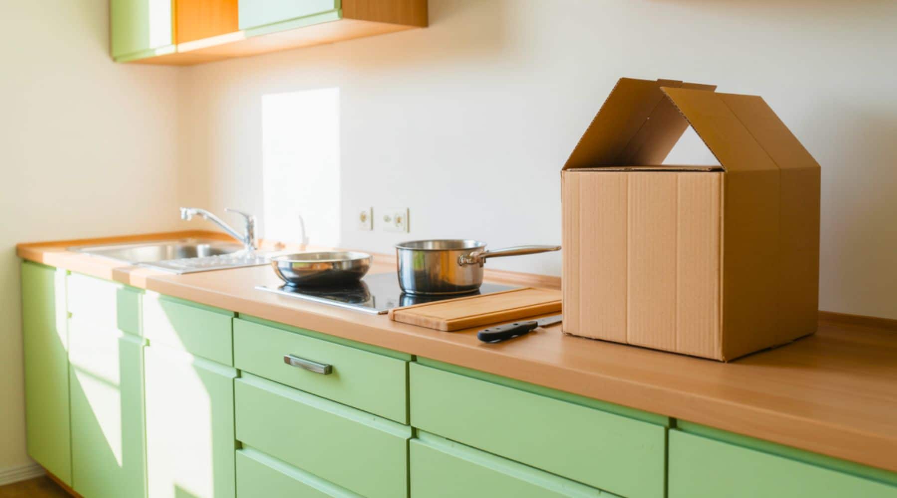 A newly set up kitchen with a cardboard box, basic cookware, and empty cabinets, showing the first days after moving in